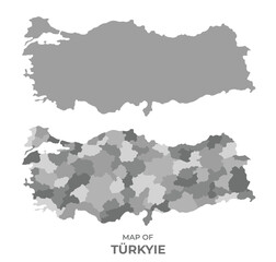 Greyscale vector map of Turkey with regions and simple flat illustration