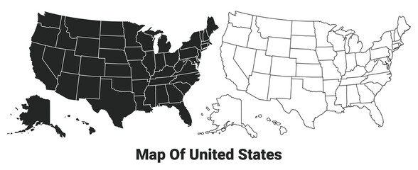 Vector Black map of Usa country with borders of regions