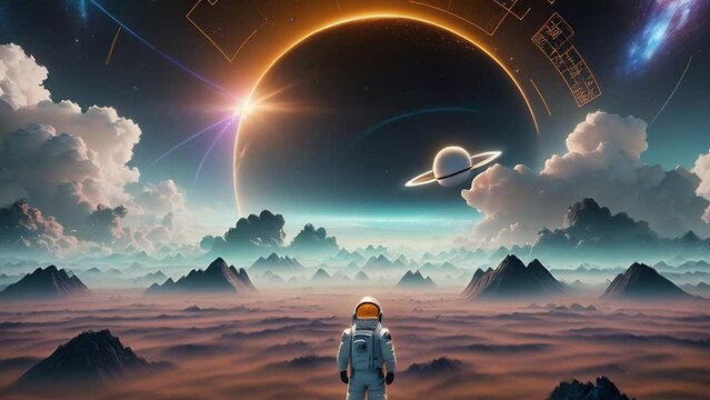 Astronaut exploring an alien planet, surrealistic animation. Dreamy cosmic animation, big planet on horizon, illustrations transformations and metamorphose. AI generated video