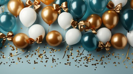 Blue and golden balloons with golden bow lay on blue ground