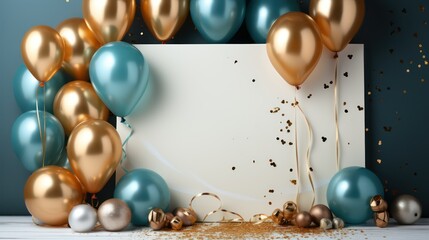 Blue and golden balloons with golden bow with white box behind