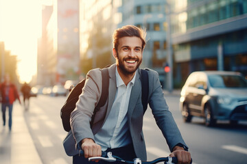 Successful smiling African American businessman with backpack riding a bicycle in a city street in...