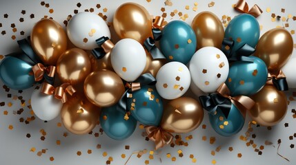 Blue, white and golden balloons with golden bow on white background combined - obrazy, fototapety, plakaty