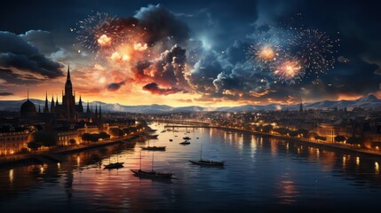 Fototapeta premium Colorful fireworks on the background of the modern city of USA and reflection in river with boats