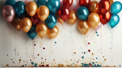 Festive background with colorful balloons and confetti with white wall - obrazy, fototapety, plakaty
