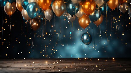 Festive background with colorful balloons and confetti in air - obrazy, fototapety, plakaty