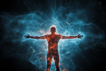 Naklejka premium Man surrounded by a dynamic and vibrant energy field, visually portraying the power and vitality emanating from within. Ai generated