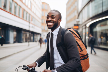 Successful smiling African American businessman with backpack riding a bicycle in a city street in...