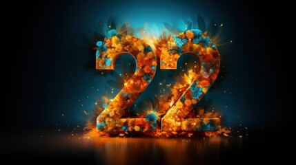 Number twenty two in fire, flames and trees on black background