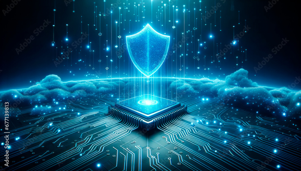 Aufkleber cyber security concept with shield icon on blue background. generative ai