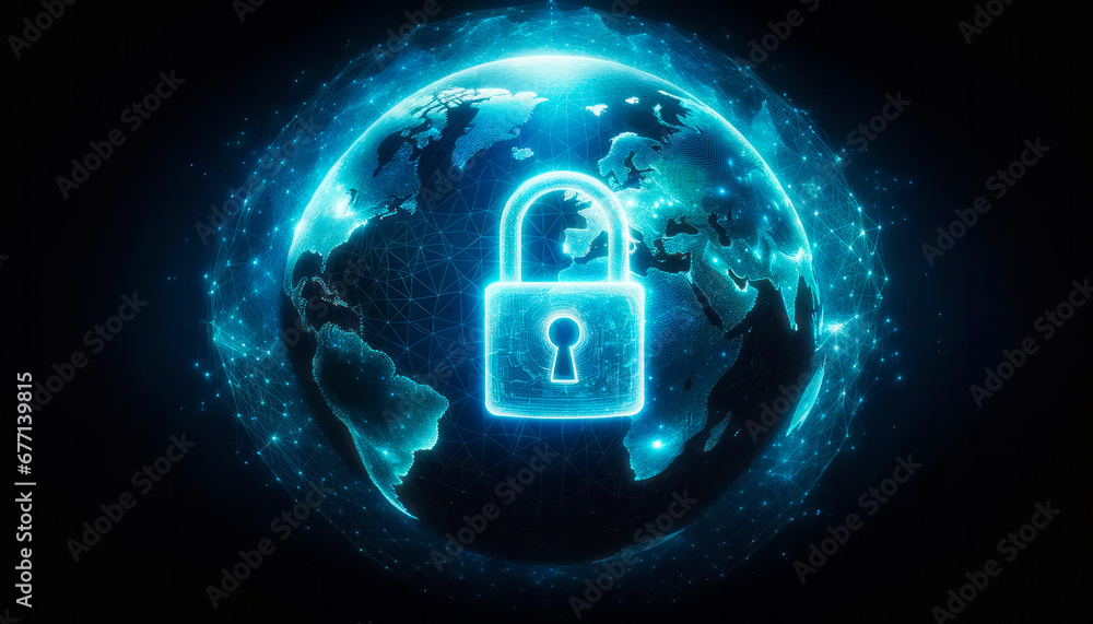 Aufkleber Cyber security concept with world map and glowing padlock on dark background. Generative AI