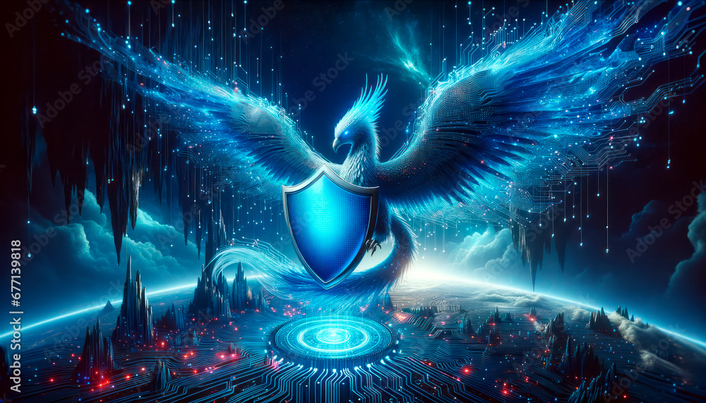 Poster Cyber security concept with a shield and a blue bird on an abstract background. Generative AI