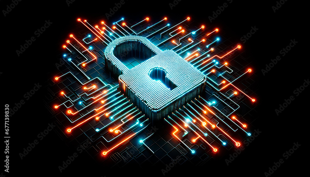 Poster cyber security concept with circuit board and padlock. generative ai