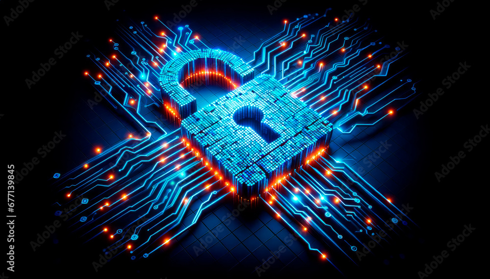 Poster cyber security concept. lock on circuit board. generative ai