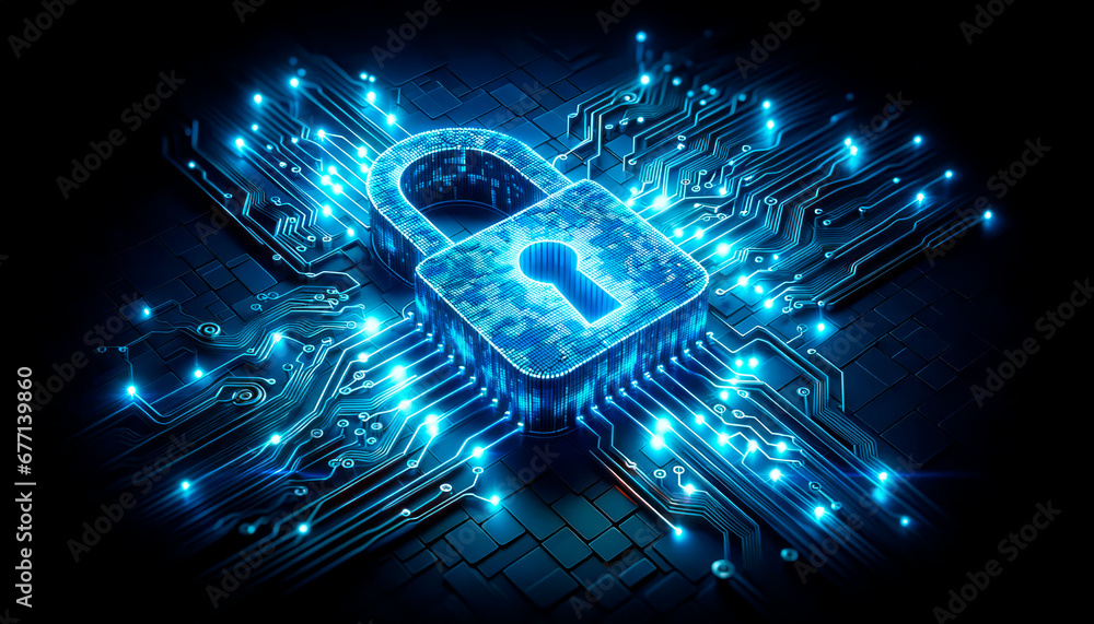Poster cyber security concept. padlock on circuit board. generative ai