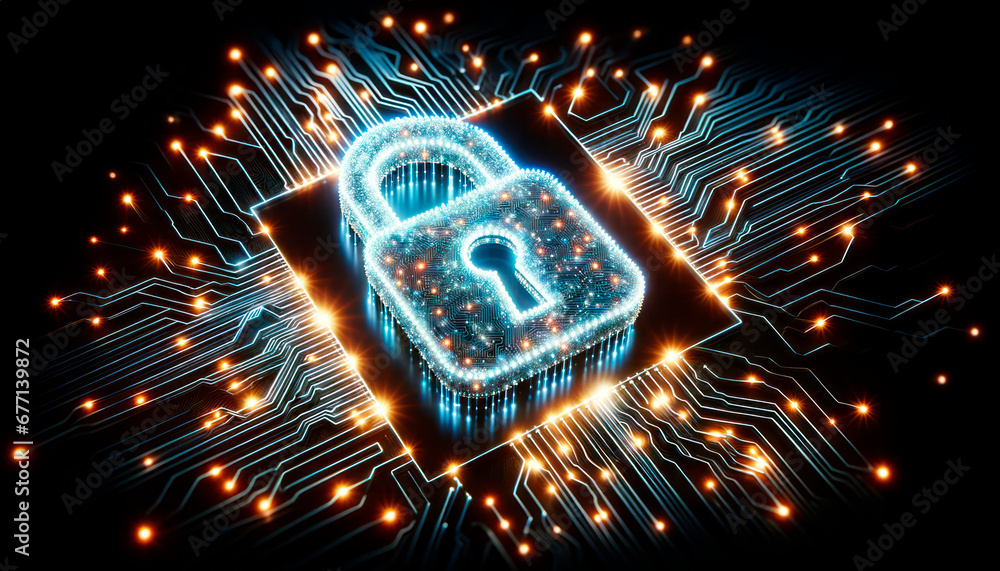 Poster Cyber security concept with circuit board and padlock. Generative AI