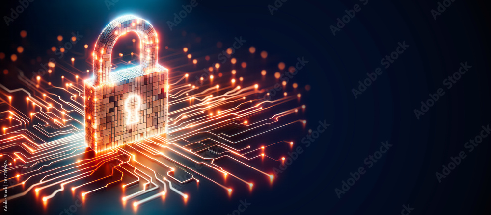 Poster cyber security, data protection, business technology privacy concept. lock on circuit board backgrou