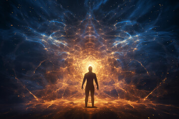 Man surrounded by a dynamic and vibrant energy field, visually portraying the power and vitality emanating from within. Ai generated