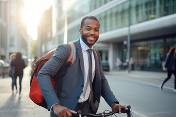 Successful smiling African American businessman with backpack riding a bicycle in a city street in London. Healthy, ecology transport	 - obrazy, fototapety, plakaty