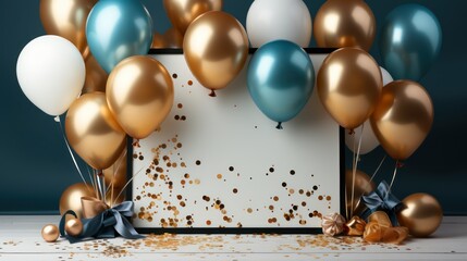 White, blue and gold balloons with bow fixed on ground and confetti with white box