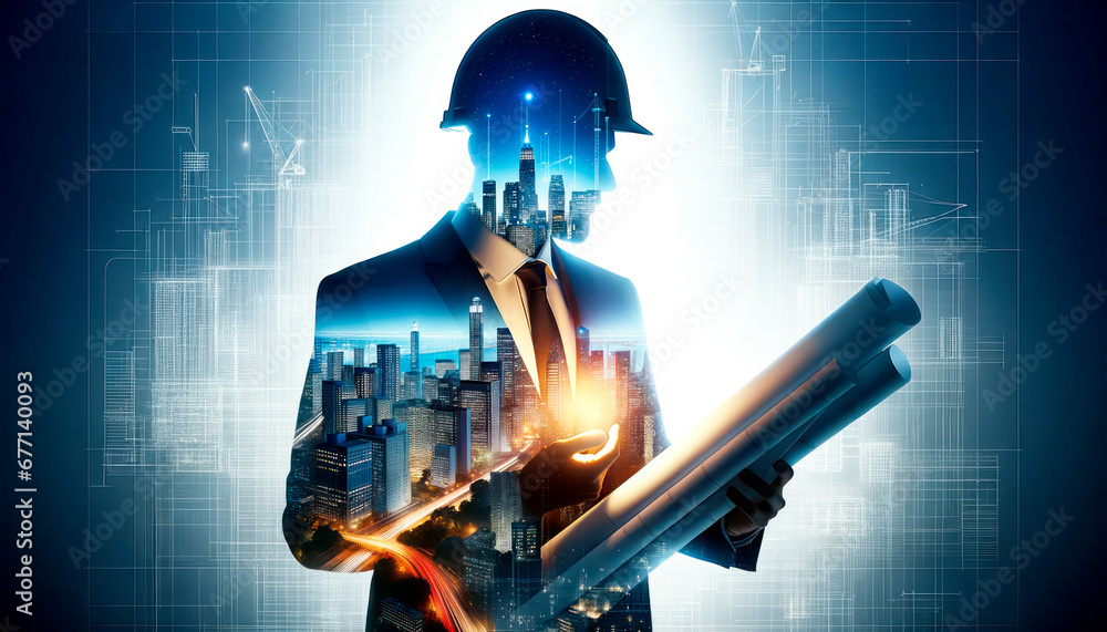 Poster architect in hardhat and blueprints on abstract background. mixed media. generative ai