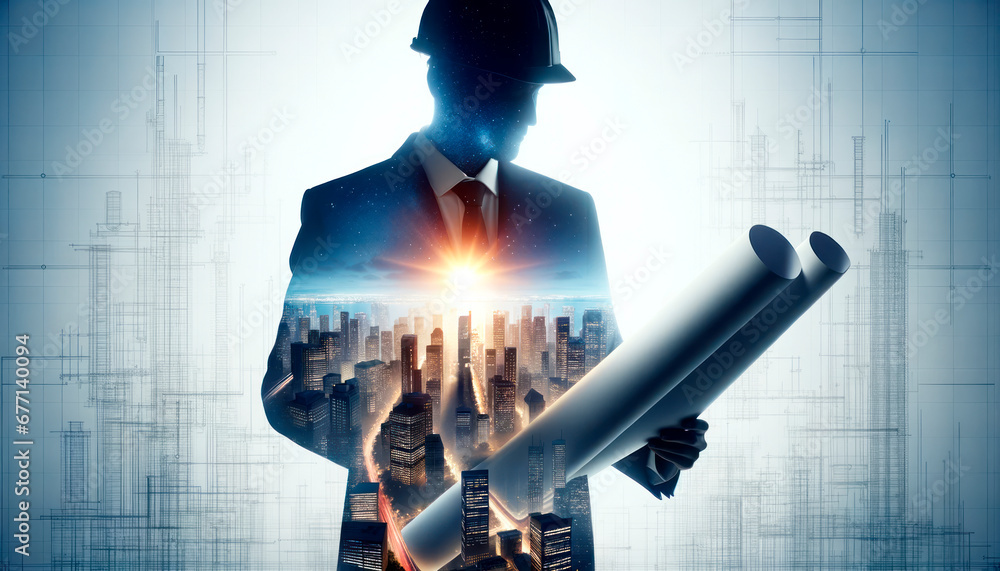 Poster architect working on construction project with cityscape and sunlight. mixed media. generative ai