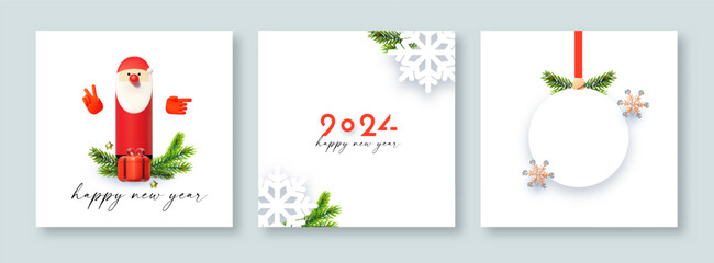 Merry Christmas and Happy New Year flyer template set. 3D and paper design. Season winter offer.
