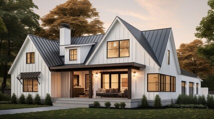 A modern farmhouse with a metal roof, board-and-batten siding, and a welcoming front porch,...