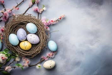colorful table border with easter eggs, egg nests and ribbon on a grey background, soft pastel scenes, delicate flowers