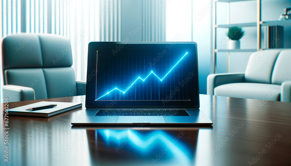 Poster laptop with stock market chart on screen. generative ai