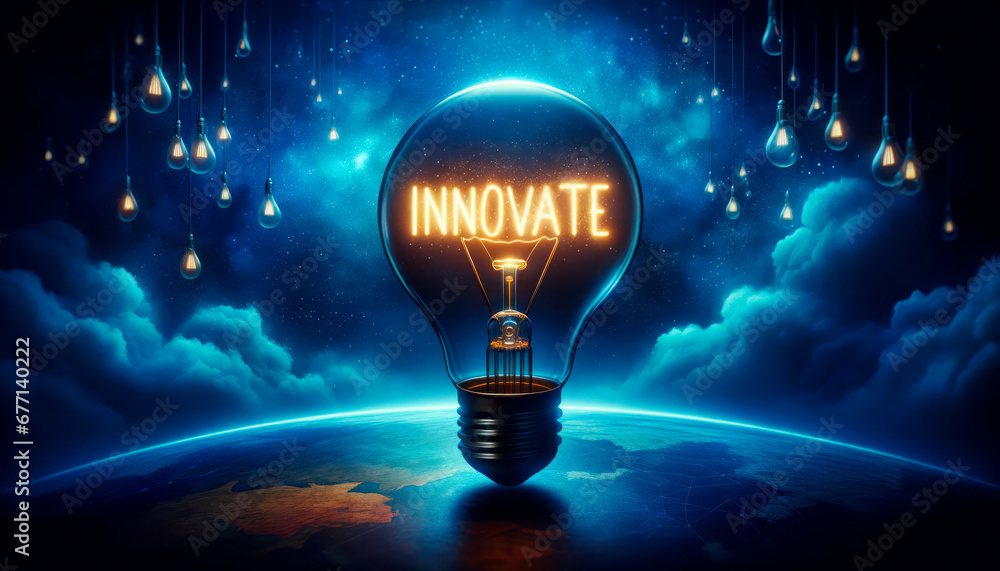 Poster handwriting text innovate in lightbulb. conceptual image. generative ai