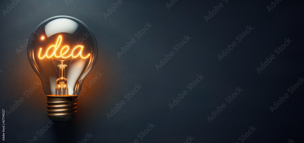 Poster Light bulb on dark background with IDEA word inside and empty place. Generative AI