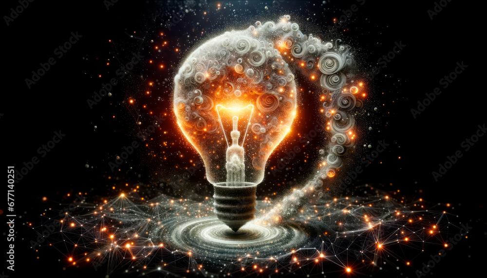 Poster glowing light bulb on dark background with rays and sparks. generative ai
