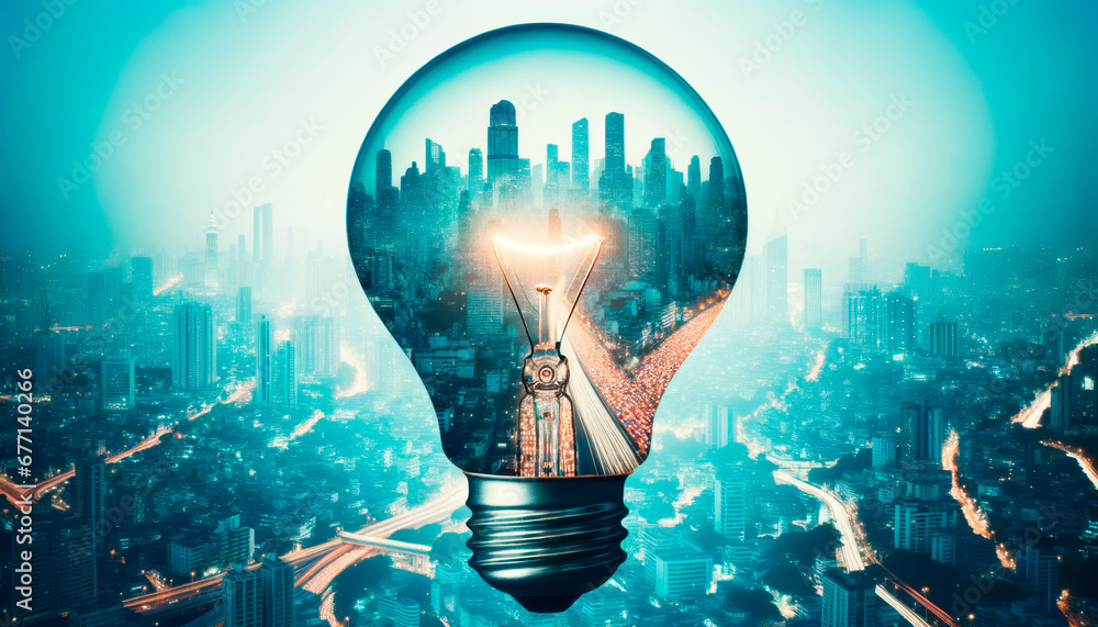 Aufkleber Conceptual image with lightbulb and cityscape on background. Idea concept. Generative AI