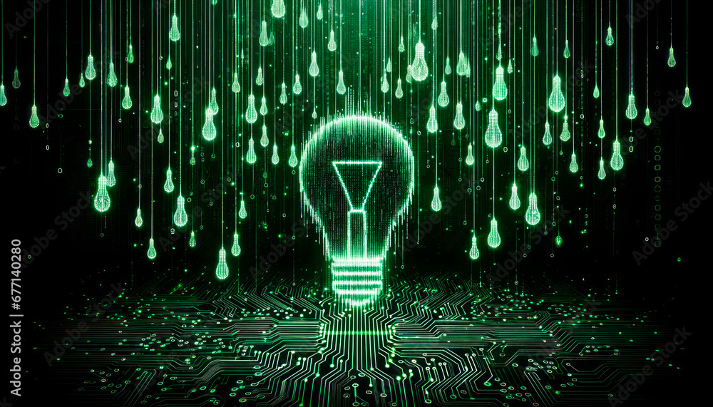 Poster Abstract glowing light bulb on dark background with circuit board. Generative AI