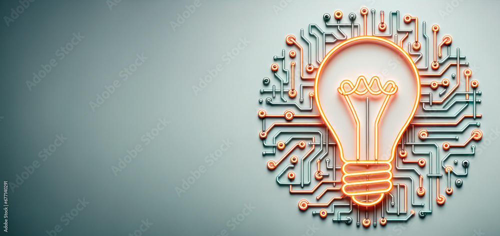 Poster circuit board with light bulb on blue background with copyspace. innovation concept. generative ai