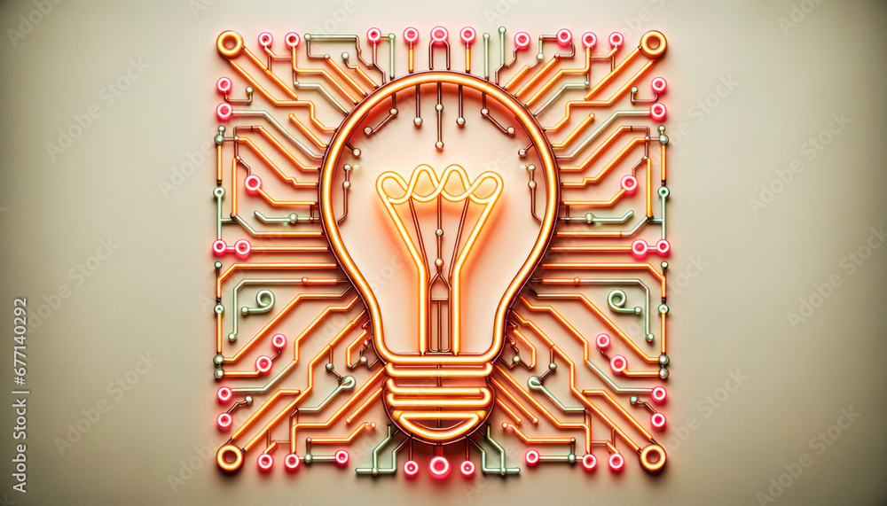 Poster Light bulb with circuit board on beige background. Generative AI