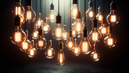 Vintage light bulbs glowing in darkness. Idea concept. Generative AI