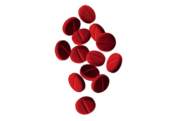 Red capsules flying in the air. Lots of pills. on isolated transparent background