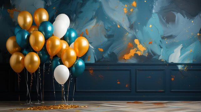 Balloons with gold, blue and white confetti in interior