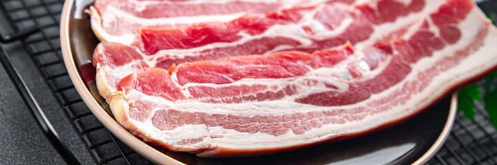 fresh bacon slice meat pork eating cooking appetizer meal food snack on the table copy space food background rustic top view
