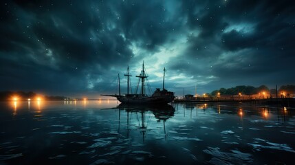 A boat of fishermen in the middle of river and clouds in the sky