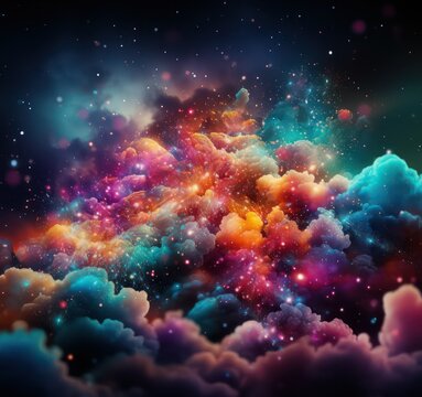 Colorful fireworks and clouds with bokeh effect on dark sky background