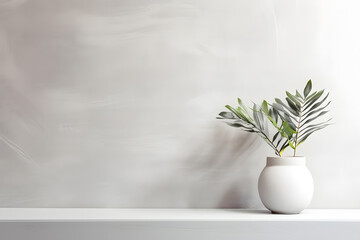 white vase with plant on grey wall