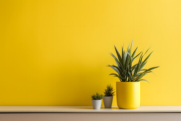 Stylish interior, plants, and elegant personal accessories. Home decor, yellow wall, Interior design, minimalism
