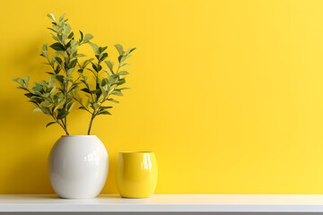 Plant in a white ceramic vase on a yellow wall