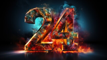 Number 24 in orange fire and flames on black background