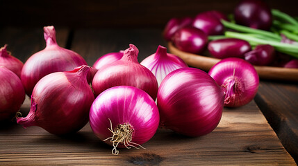 Red onions arranged on wooden table. Organic food concept.