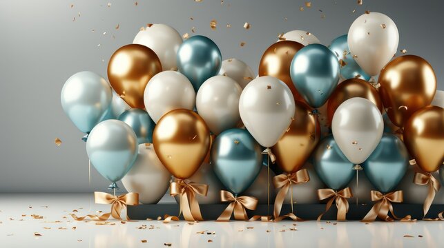 White, blue and gold balloons with bow and confetti upon the gift on ground