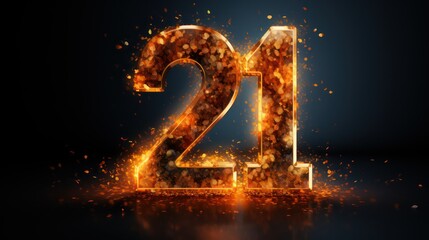 Twenty one in fire and flames on blue background